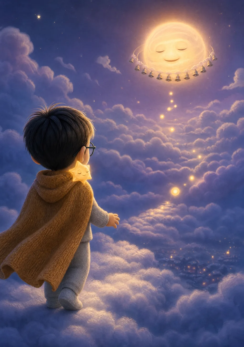 A child setting out along a soft path of cloud with Nimbus and Twinkle