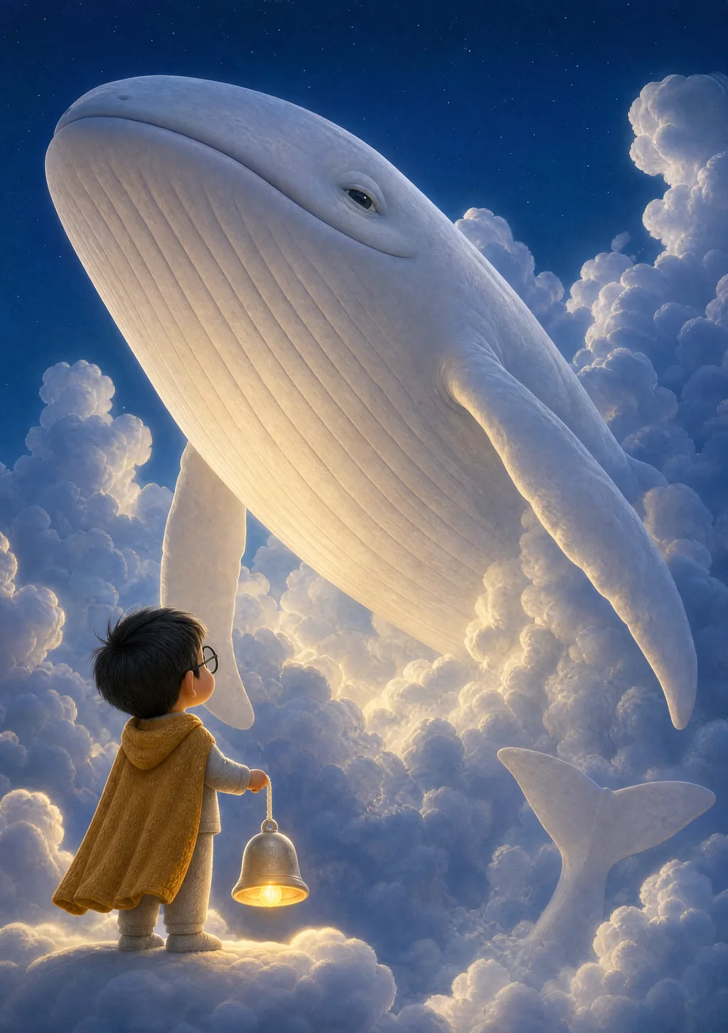 A child before Lull the dream-whale — a vast pale whale filling the frame, moon-eyes opening
