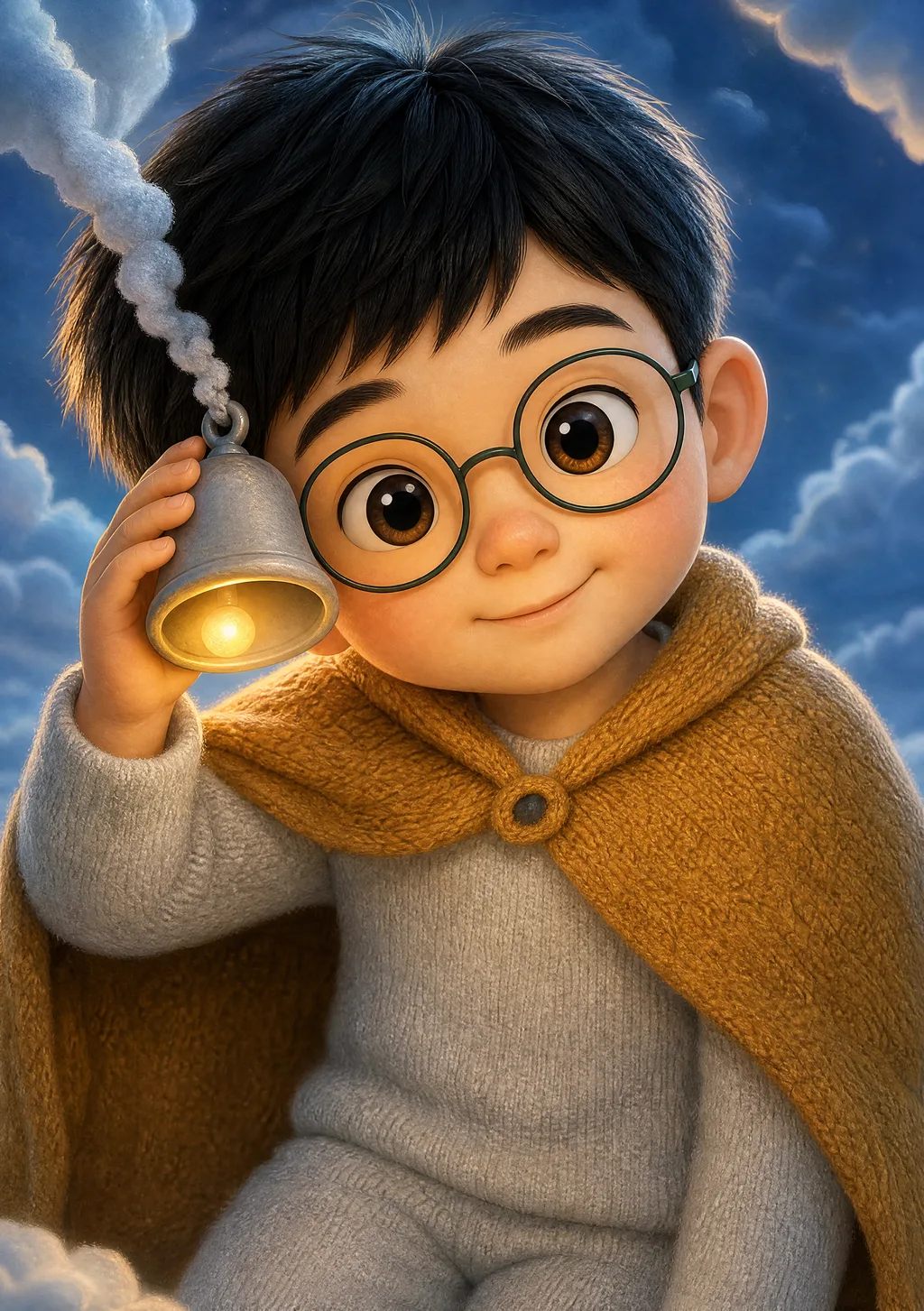 A child cheek-to-bell settling the first dream-bell; one gold note waking inside the grey