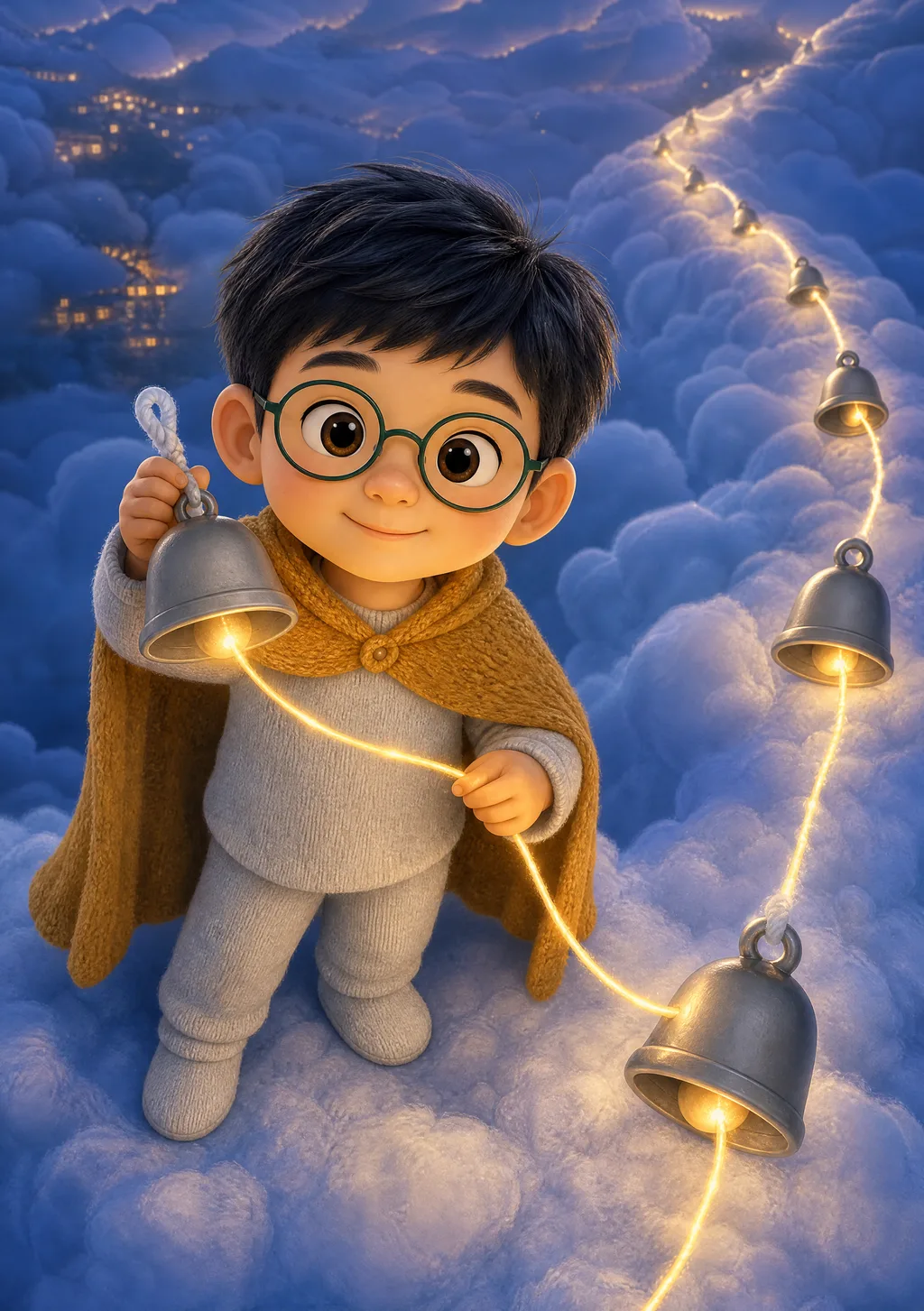 A child watching one gold note drift from bell to bell across the clouds