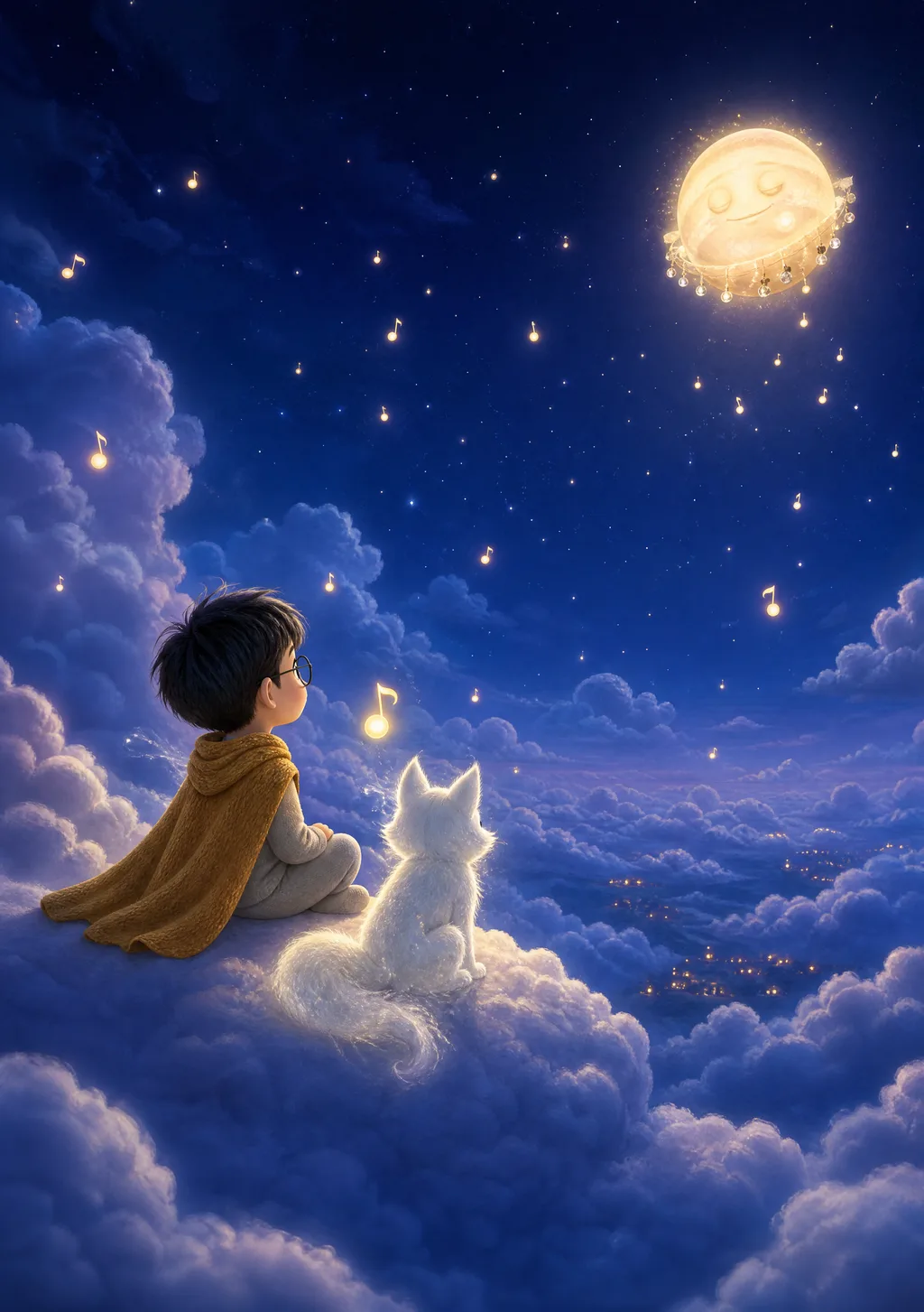A wide, wide-awake indigo sky with dimming glowing notes drifting loose, a child small among the cloud-tops