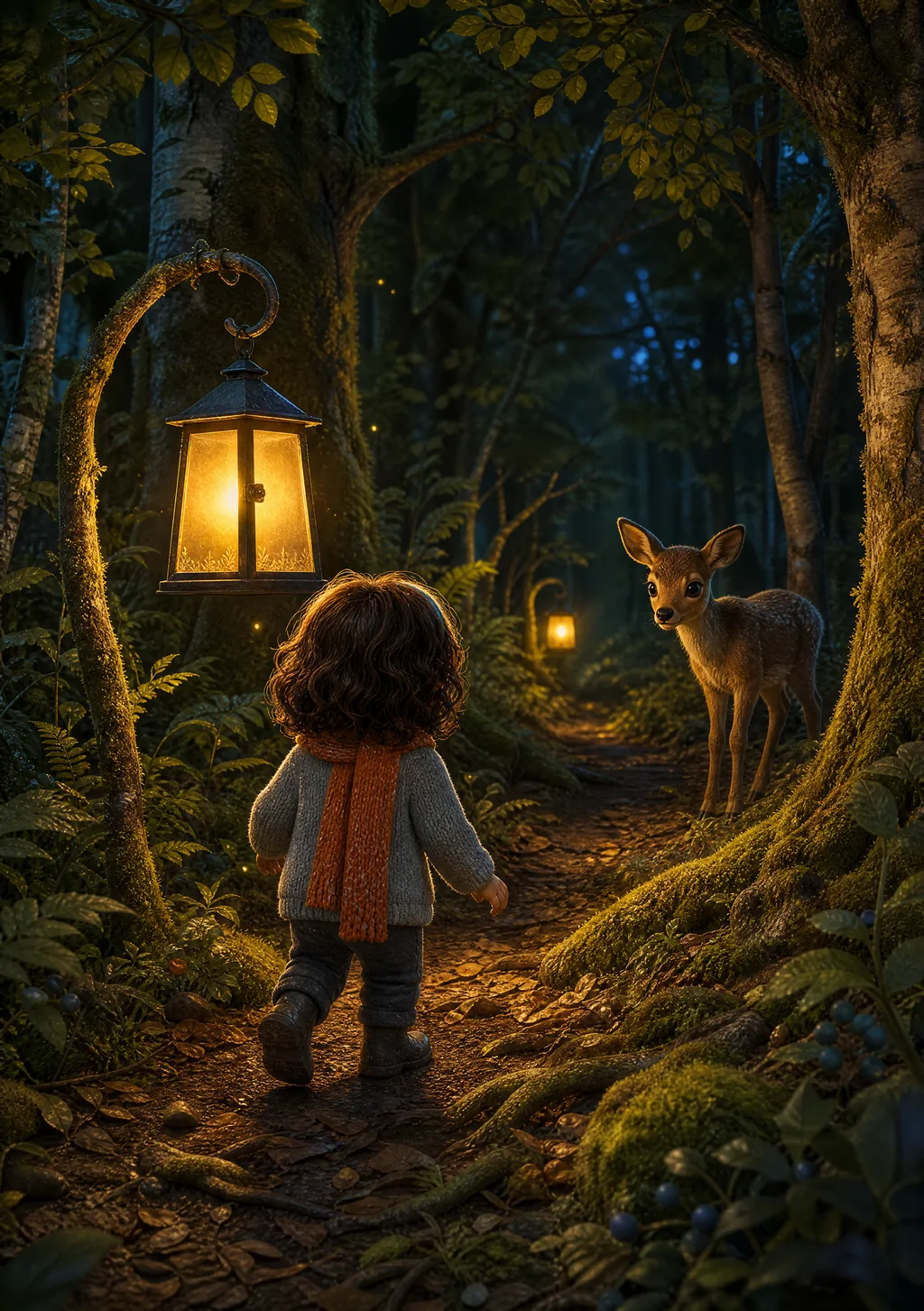 A child leading a frightened animal toward the warm lantern light