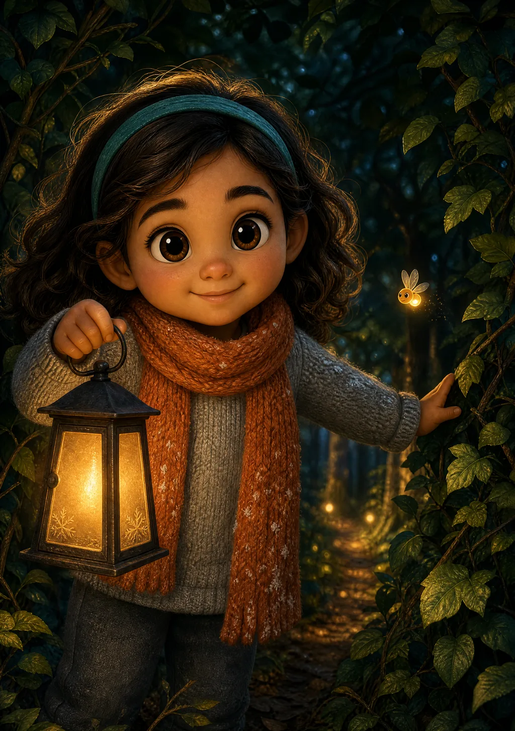 A child setting out into the dark forest with Pip the firefly ahead of them