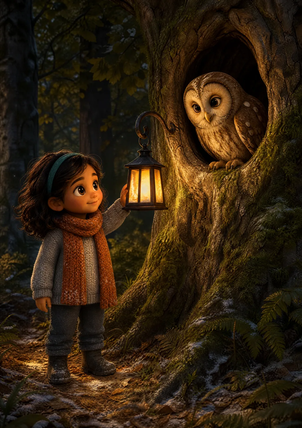 A child smiling up at a round-faced owl leaning out of a hollow in a huge old tree, a small lit lantern hanging beside them