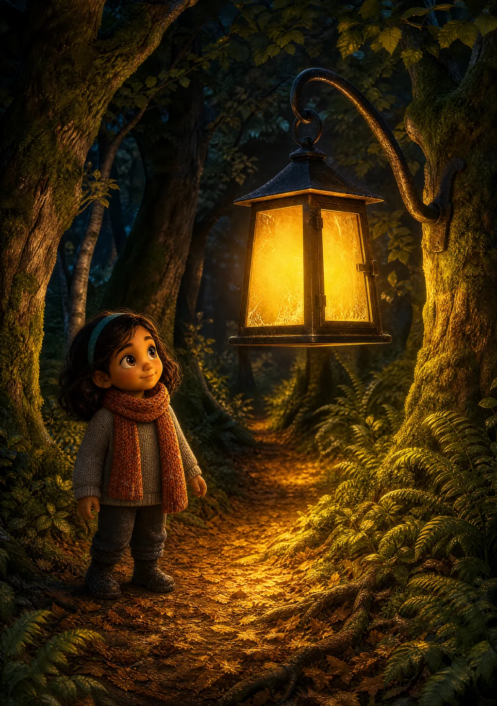 A child lit gold by the first blazing lantern in the dark forest