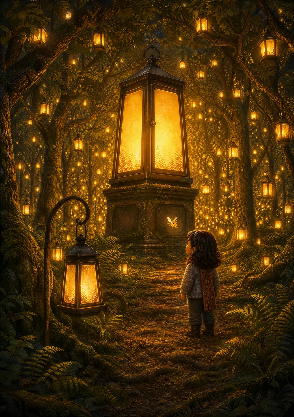 A child under every lantern in the forest blazing at once, animals celebrating below