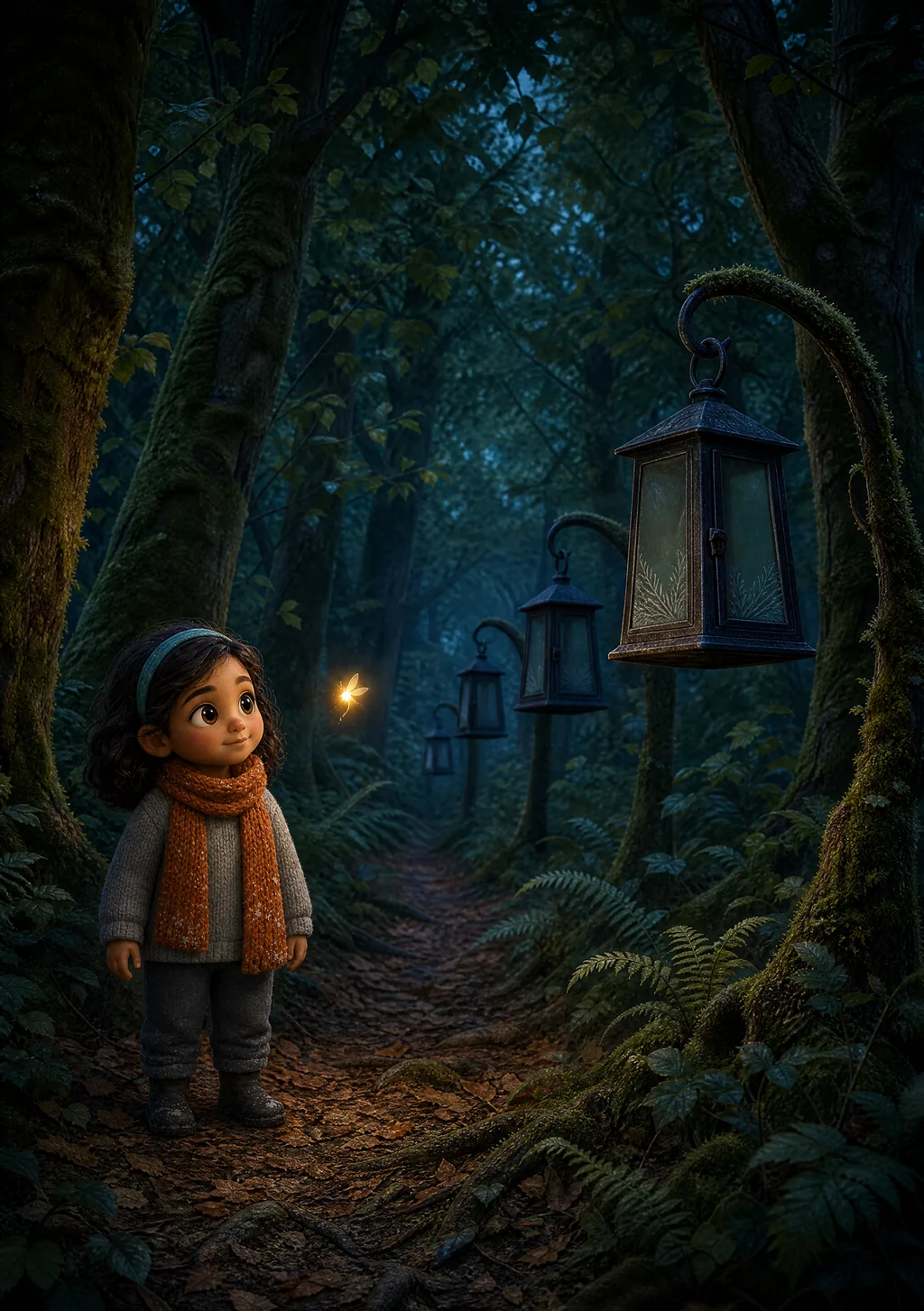A child alone in a forest of unlit lanterns, one small golden firefly light beside them